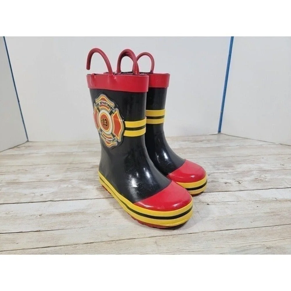 Fireman Fire Dept Rain Boots Fire Cheif Black Yellow 7/8 Boys Girls #13‎